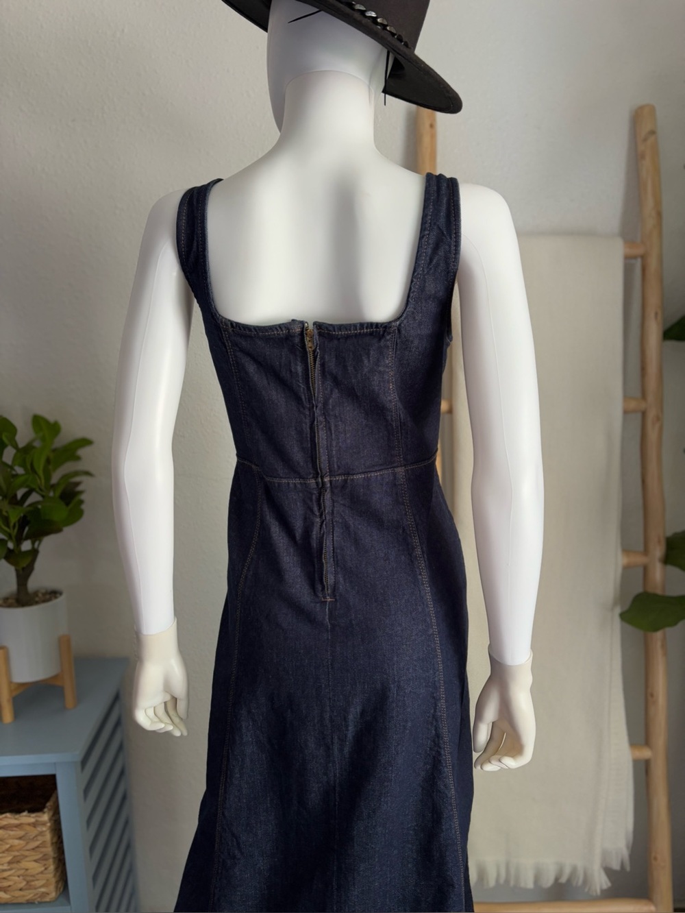 Dark Indigo Denim Midi Dress with Square Neck - Picture 6 of 9
